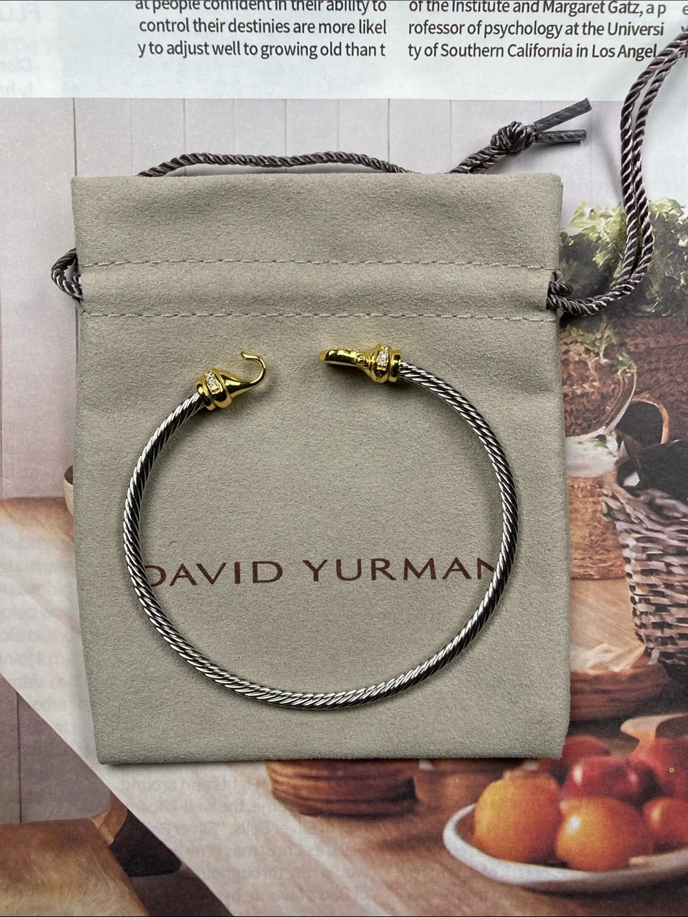 David Yurman Two-Tone Cable Cuff Bracelet — Silver and Gold Accents